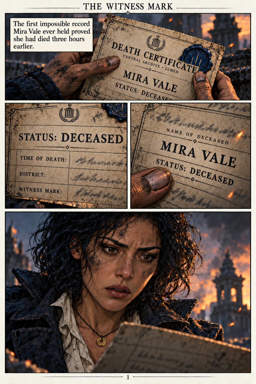 Page 1: Mira examines a death certificate bearing her own name.