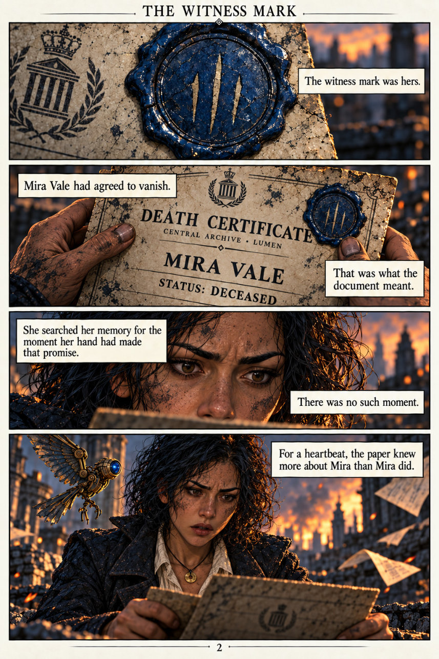 Page 2: Mira recognizes her witness seal but cannot remember agreeing to vanish.