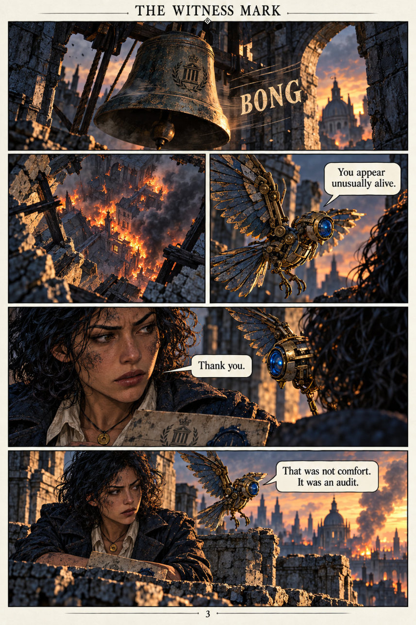 Page 3: A bell sounds over the burning city as Mira speaks with a clockwork bird.