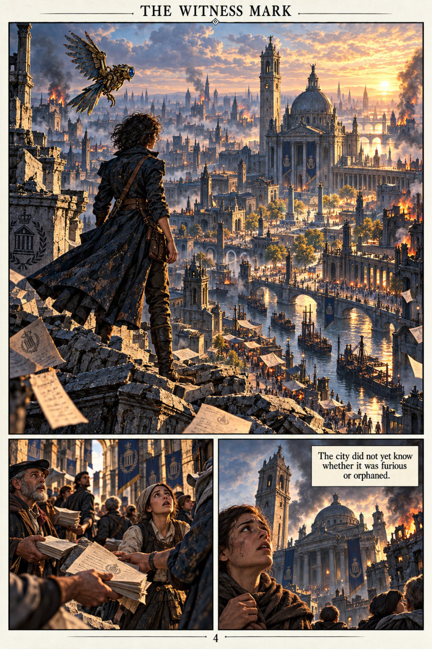 Page 4: Mira overlooks the city while people gather around official papers below.