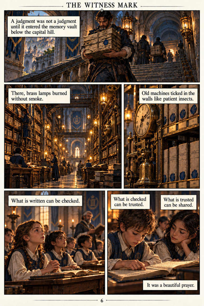 Page 6: Records enter the memory vault, and children learn the Archive’s promise of trust.
