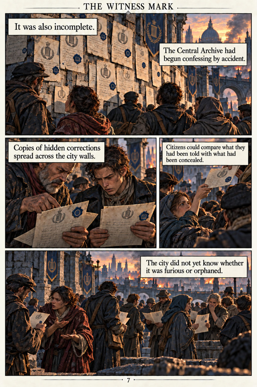 Page 7: Citizens compare hidden corrections posted across the city walls.