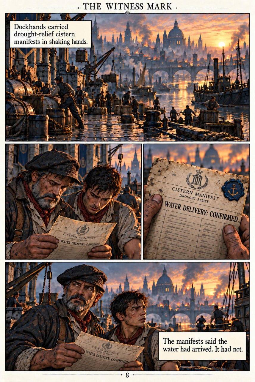 Page 8: Dockhands discover that confirmed drought-relief water deliveries never arrived.