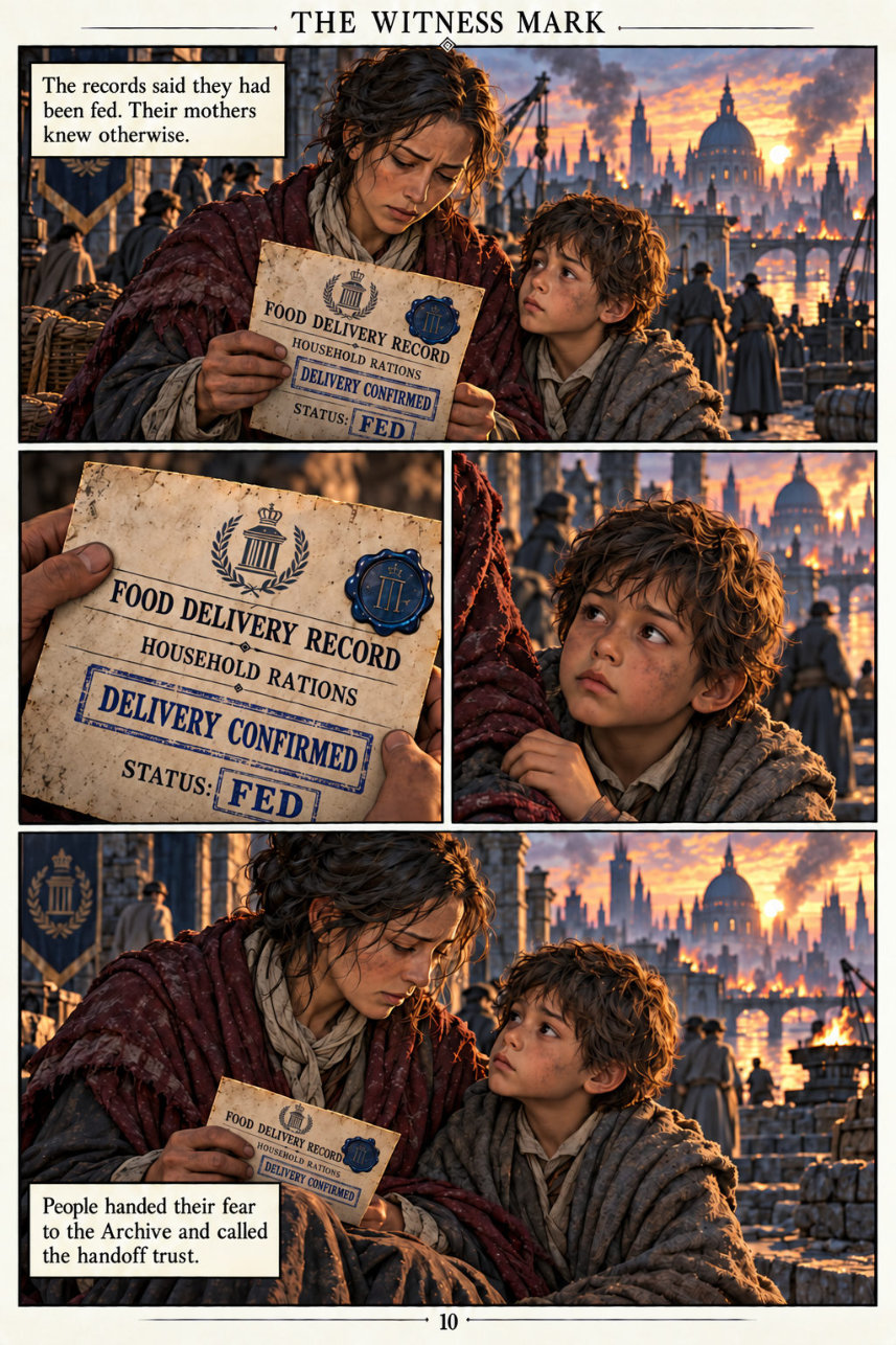 Page 10: A mother and child hold a food delivery record falsely marked fed.