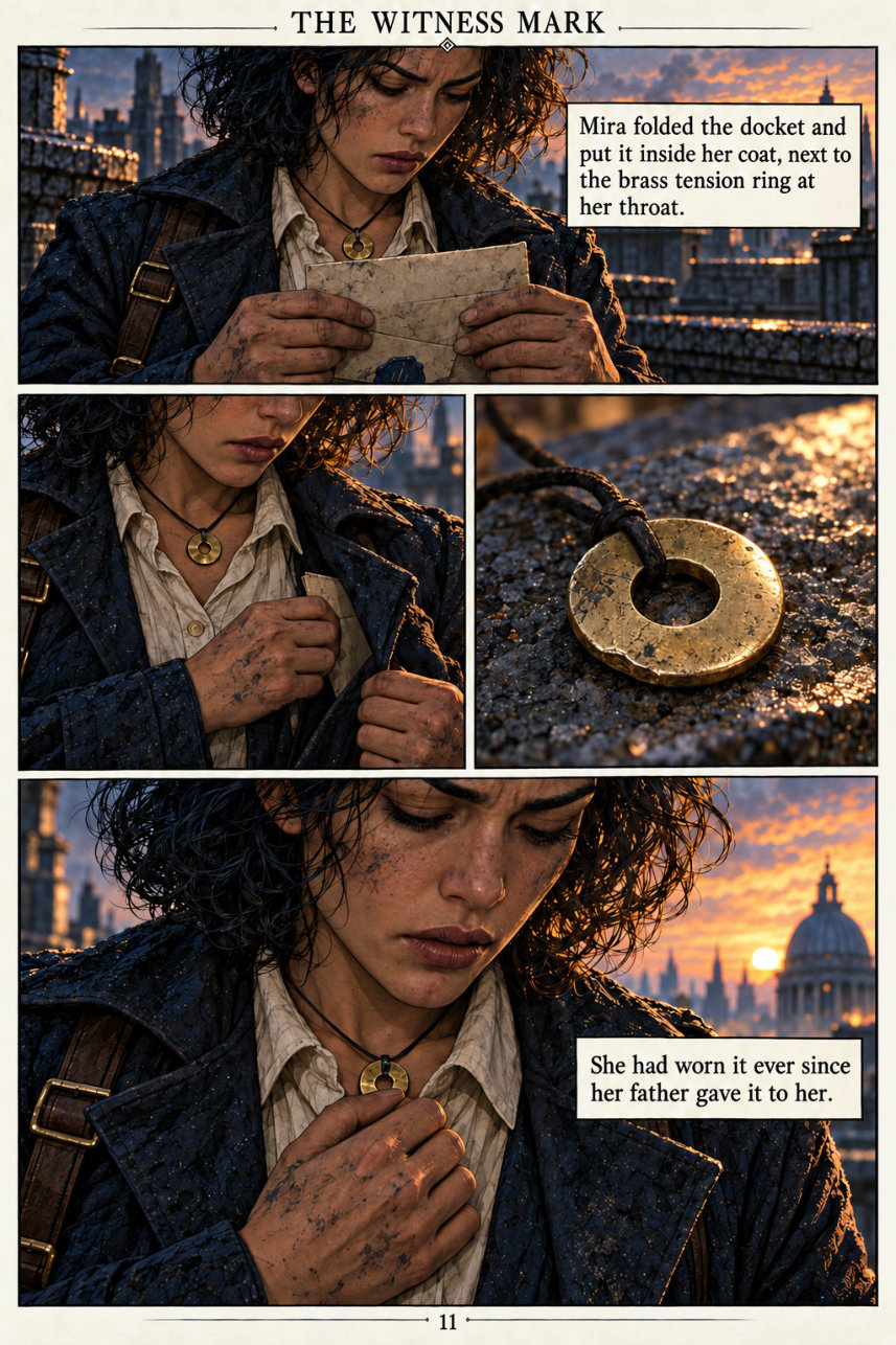 Page 11: Mira puts away the docket and touches the brass ring her father gave her.