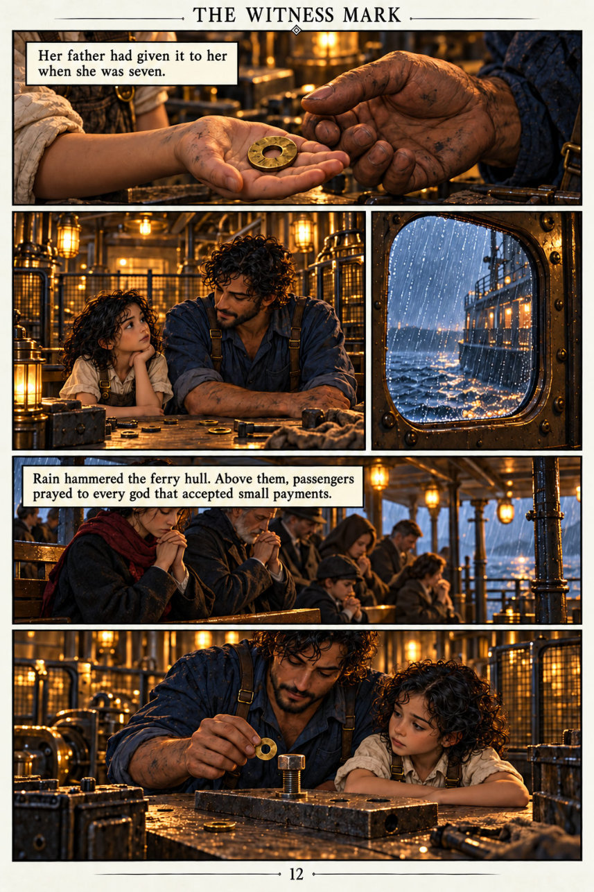 Page 12: Young Mira’s father gives her a brass ring aboard a storm-tossed ferry.