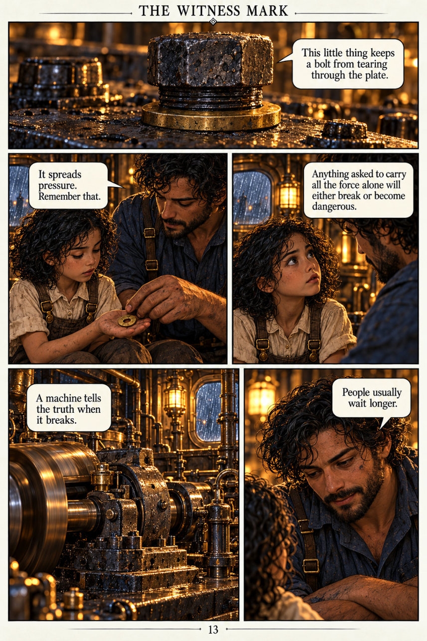 Page 13: Mira’s father explains how a tension ring spreads pressure and why that matters.