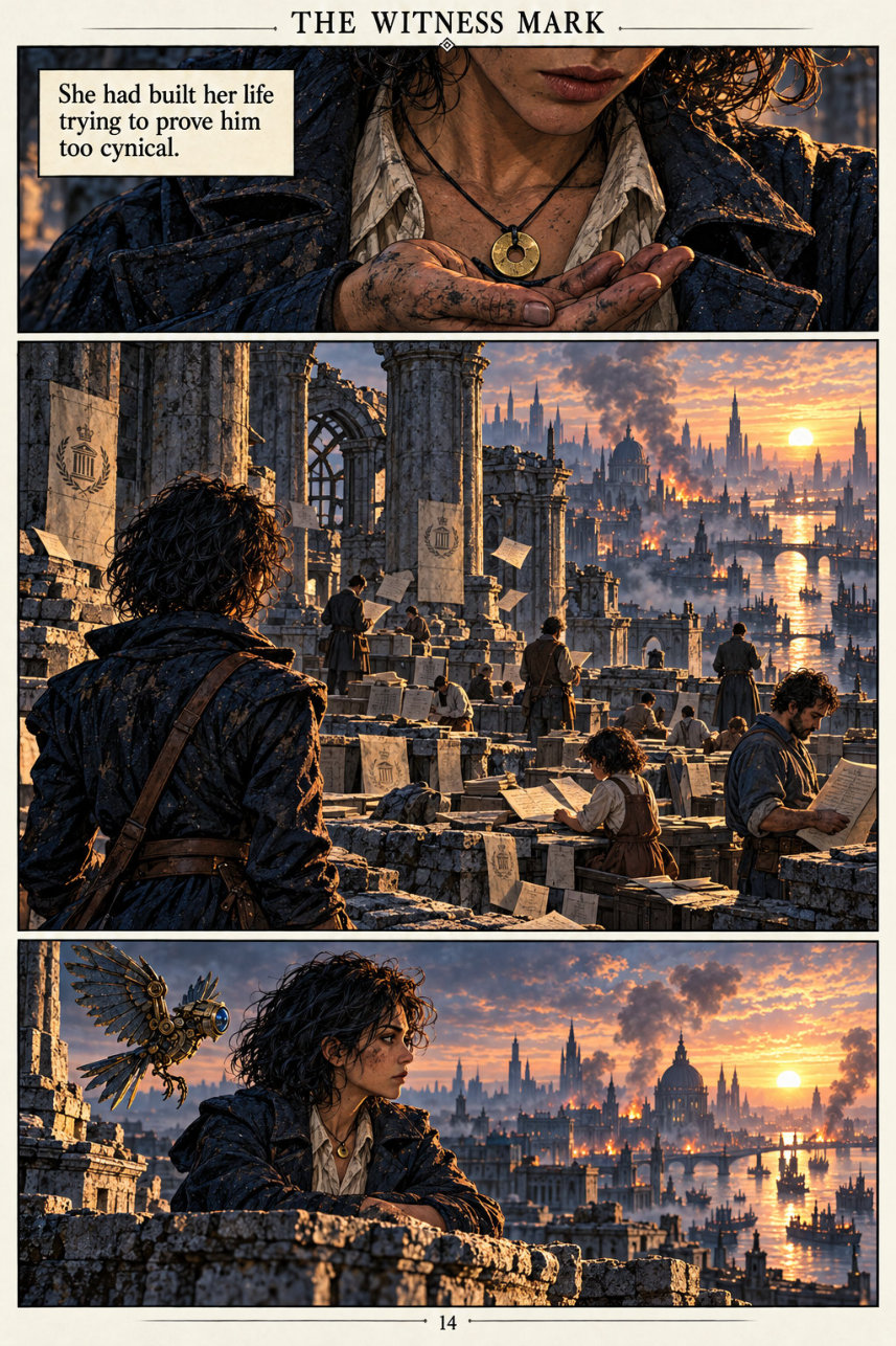 Page 14: Back in the present, Mira holds her pendant and surveys the ruined Archive.