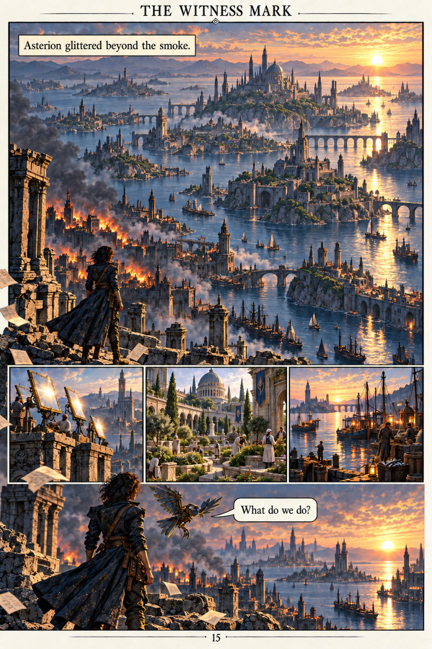 Page 15: Mira and the clockwork bird survey Asterion’s islands and consider what to do.