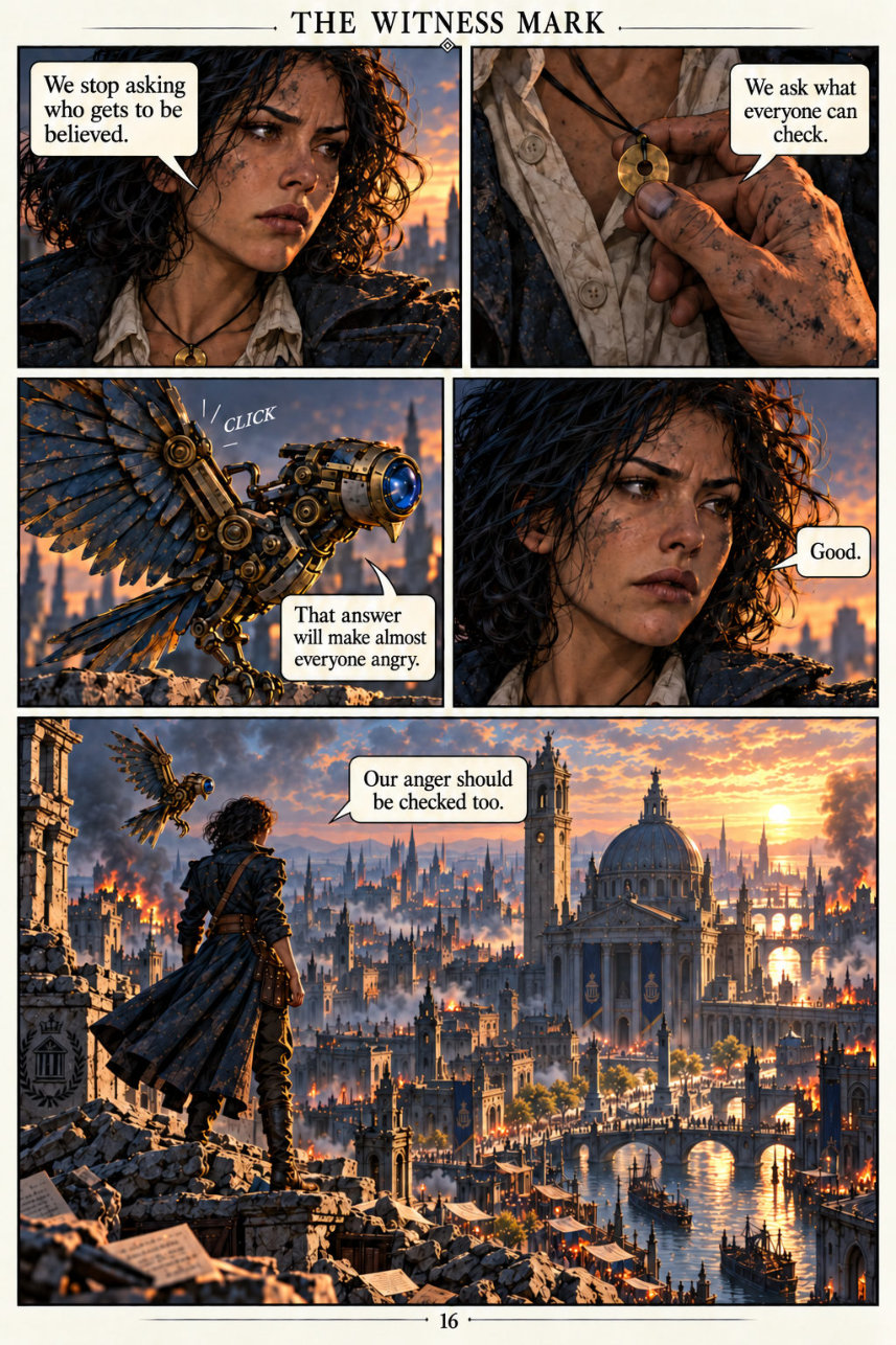 Page 16: Mira resolves to seek what everyone can check, including their own anger.